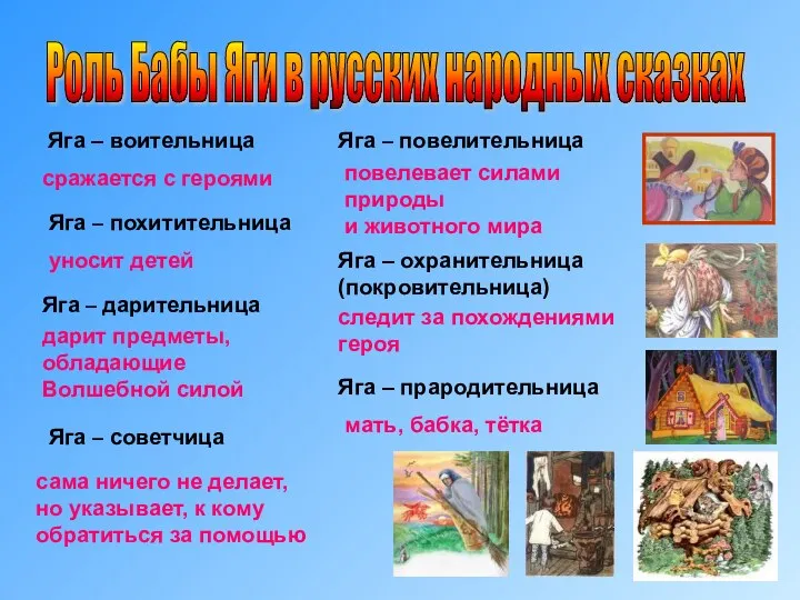 Роль Бабы Яги в русских народных сказках Яга – воительница