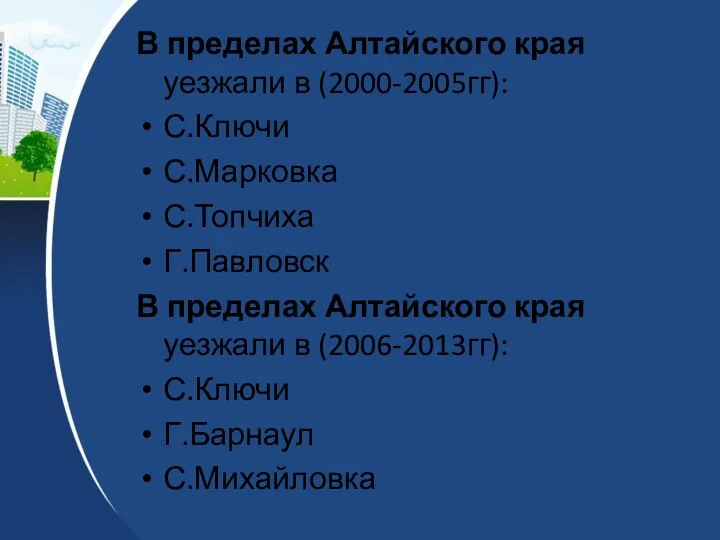 В пределах Алтайского края уезжали в (2000-2005гг): С.Ключи С.Марковка С.Топчиха