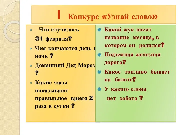 1 Конкурс «Узнай слово» Что случилось 31 февраля? Чем кончаются