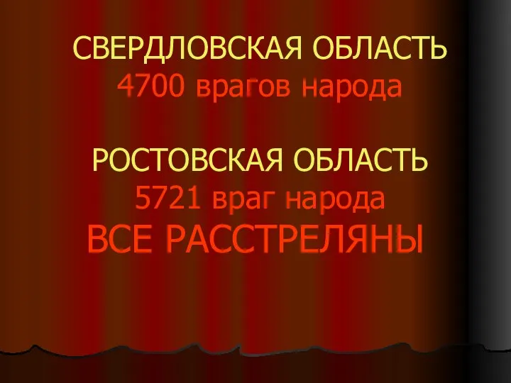 СВЕРДЛОВСКАЯ ОБЛАСТЬ 4700 врагов народа РОСТОВСКАЯ ОБЛАСТЬ 5721 враг народа ВСЕ РАССТРЕЛЯНЫ