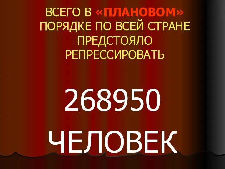 ВСЕГО В «ПЛАНОВОМ» ПОРЯДКЕ ПО ВСЕЙ СТРАНЕ ПРЕДСТОЯЛО РЕПРЕССИРОВАТЬ 268950 ЧЕЛОВЕК