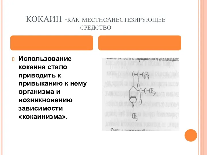 КОКАИН -как местноанестезирующее средство Использование кокаина стало приводить к привыканию