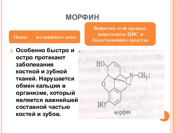 МОРФИН Особенно быстро и остро протекают заболевания костной и зубной