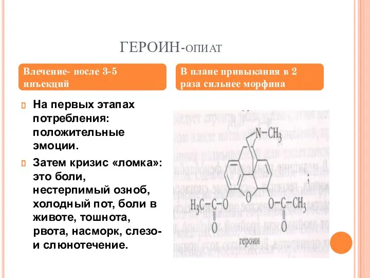 ГЕРОИН-опиат На первых этапах потребления: положительные эмоции. Затем кризис «ломка»: