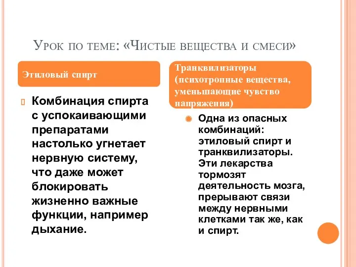 Урок по теме: «Чистые вещества и смеси» Комбинация спирта с