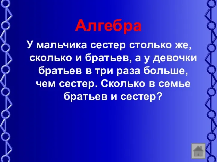 Алгебра У мальчика сестер столько же, сколько и братьев, а