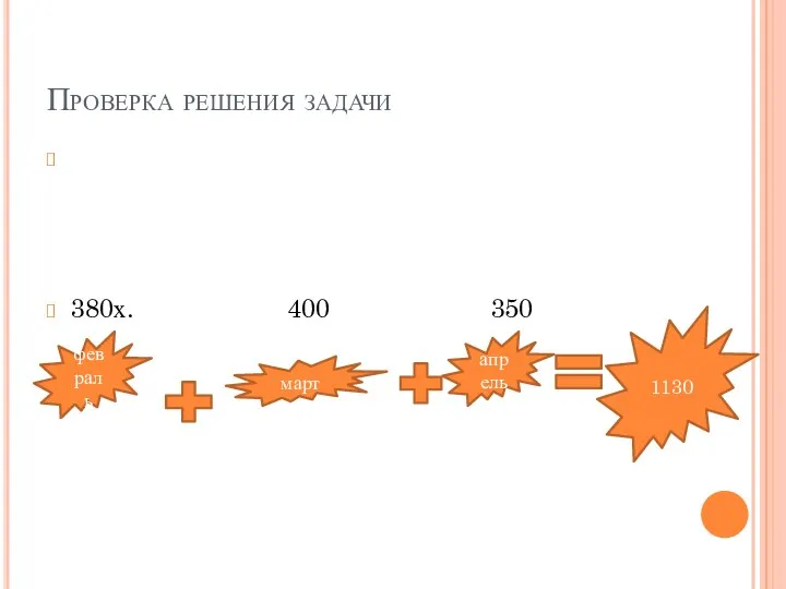 Проверка решения задачи 380х. 400 350 февраль март апрель 1130