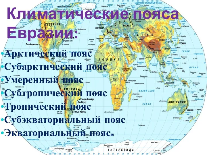 Климатические пояса Евразии: Арктический пояс Субарктический пояс Умеренный пояс Субтропический
