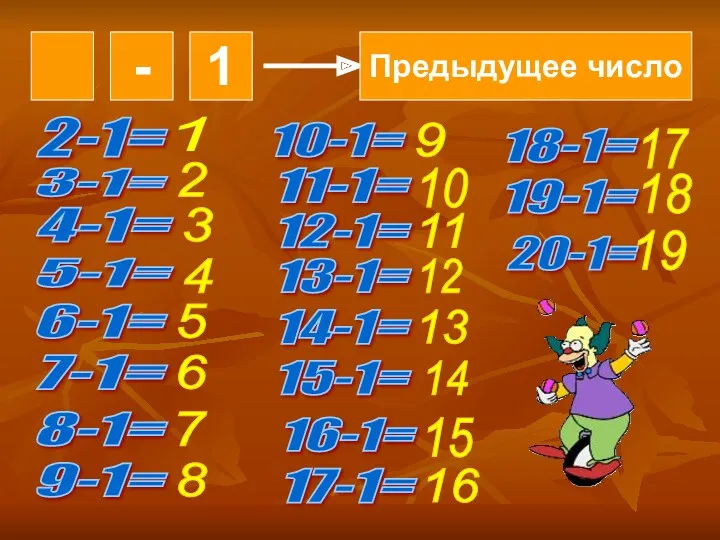 - 1 Предыдущее число 2-1= 3-1= 4-1= 5-1= 6-1= 7-1=