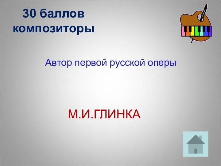 30 баллов композиторы Автор первой русской оперы М.И.ГЛИНКА