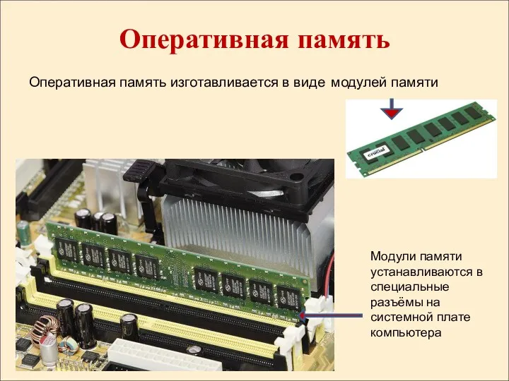 Оперативная память Оперативная память изготавливается в виде Модули памяти устанавливаются