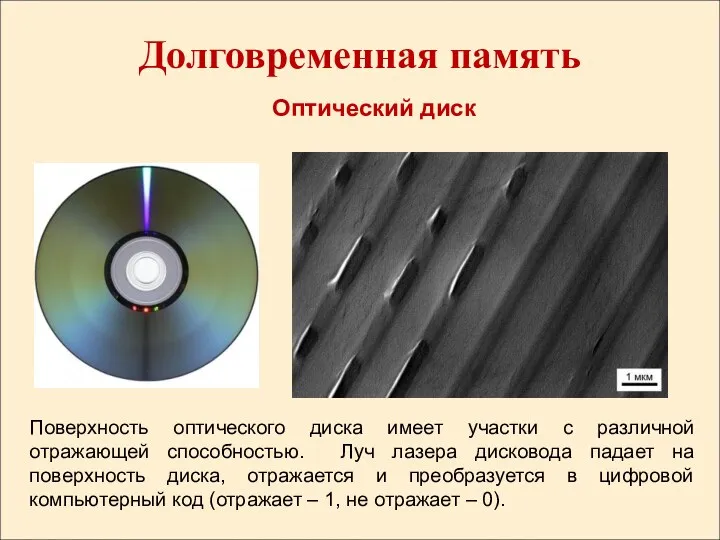 Долговременная память Оптический диск Поверхность оптического диска имеет участки с