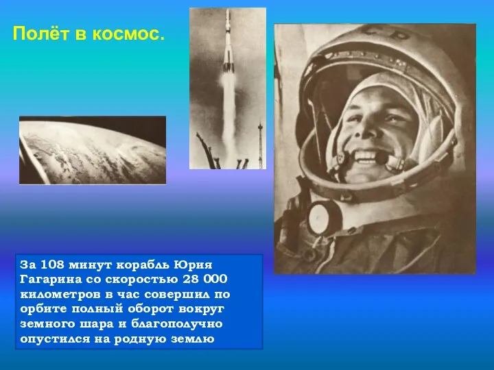Полёт в космос. За 108 минут корабль Юрия Гагарина со скоростью 28 000