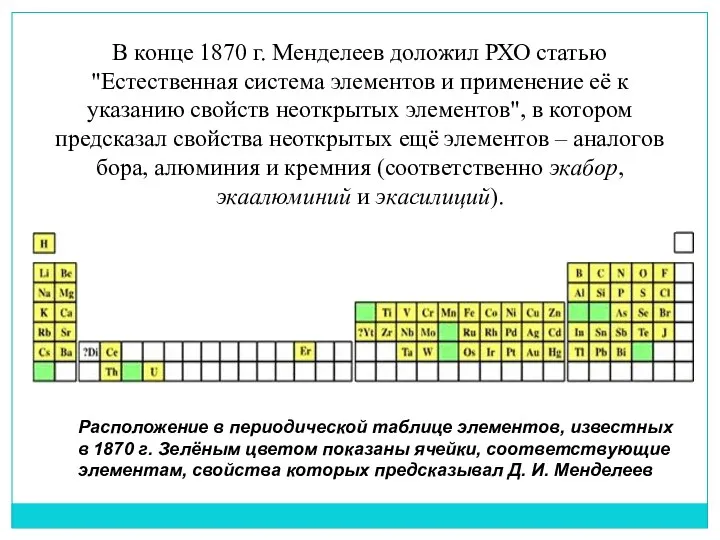 В конце 1870 г. Менделеев доложил РХО статью "Естественная система элементов и применение
