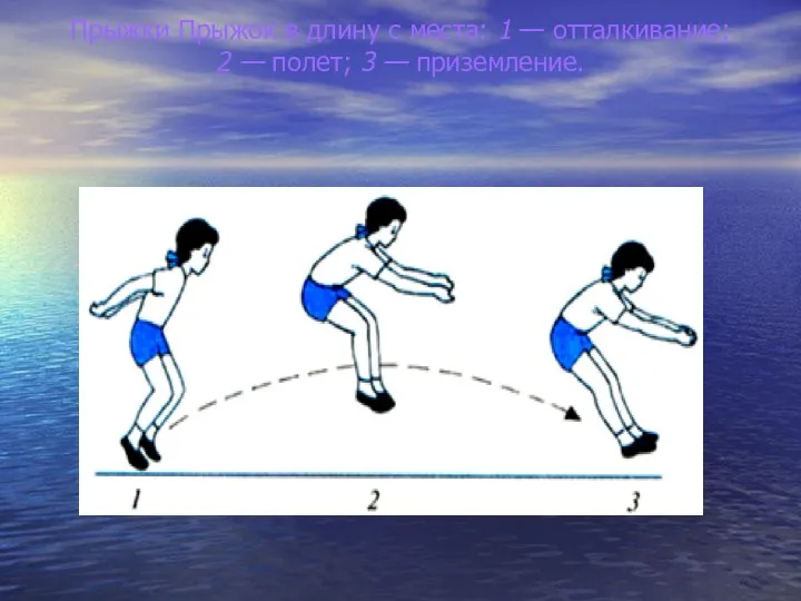 Прыжки Прыжок в длину с места: 1 — отталкивание; 2 — полет; 3 — приземление.