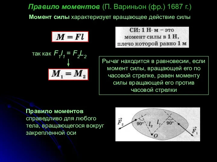 Правило моментов (П. Вариньон (фр.) 1687 г.) Момент силы характеризует