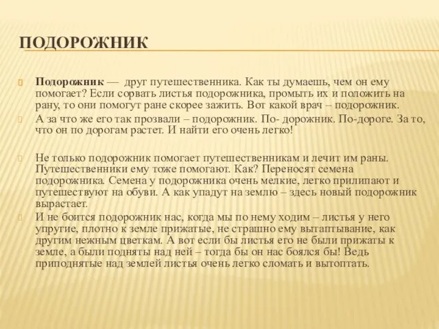 ПОДОРОЖНИК Подорожник — друг путешественника. Как ты думаешь, чем он