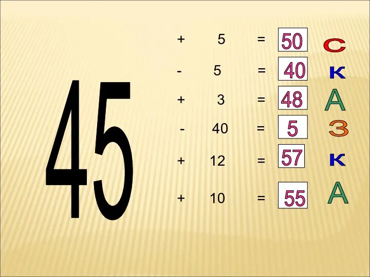 45 + 5 = - 5 = + 3 =