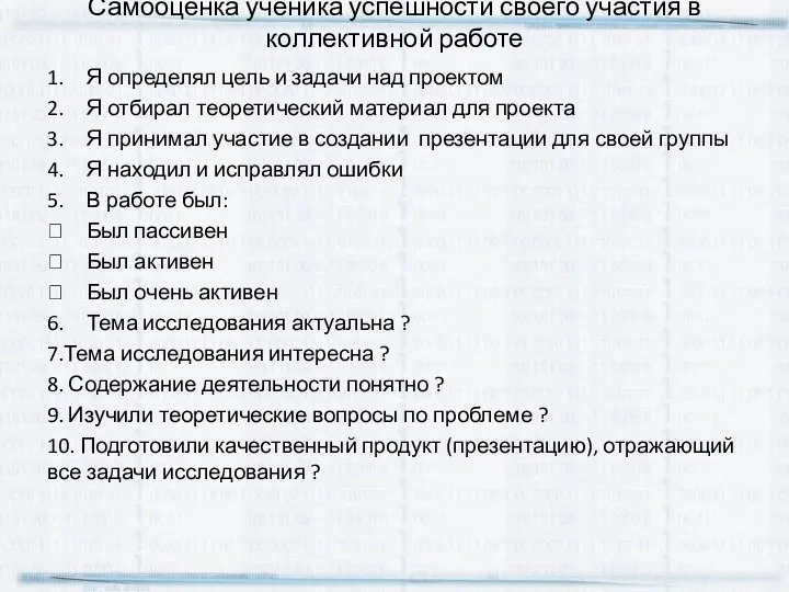 Самооценка ученика успешности своего участия в коллективной работе 1. Я