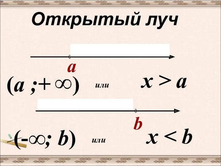 Открытый луч a (a ;+ ) b (- ; b) или или x > a x