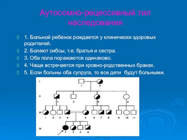 Аутосомно-рецессивный тип наследования 1. Больной ребенок рождается у клинически здоровых