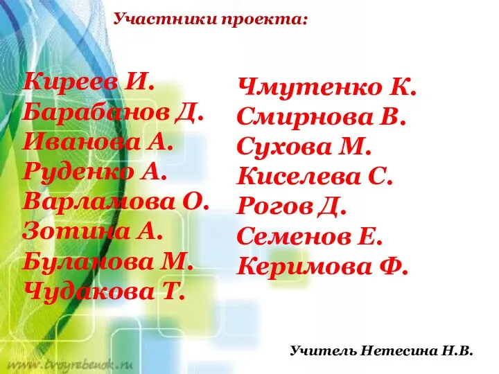 Участники проекта: Киреев И. Барабанов Д. Иванова А. Руденко А.