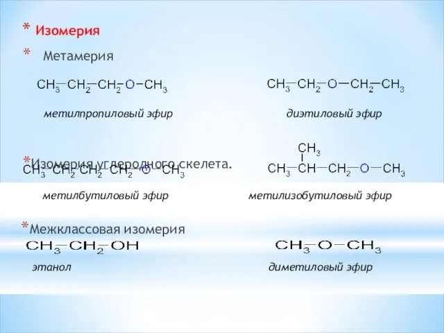 Изомерия Метамерия Изомерия углеродного скелета. метилпропиловый эфир диэтиловый эфир метилбутиловый