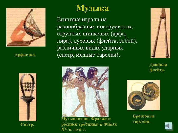 Египтяне играли на разнообразных инструментах: струнных щипковых (арфа, лира), духовых (флейта, гобой), различных
