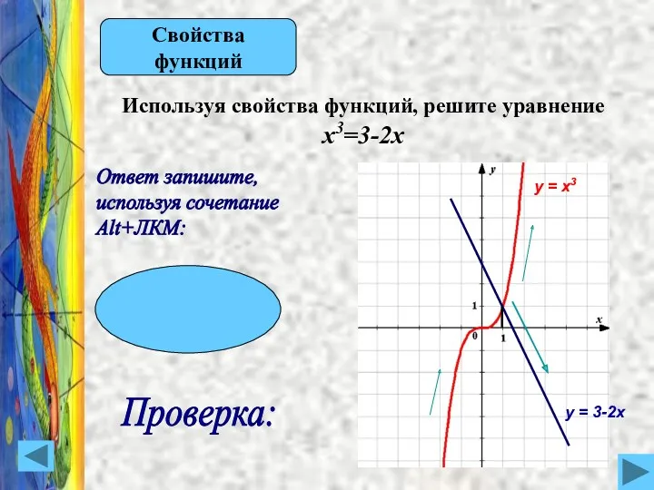 Используя свойства функций, решите уравнение х3=3-2х Свойства функций Ответ запишите, используя сочетание Alt+ЛКМ: