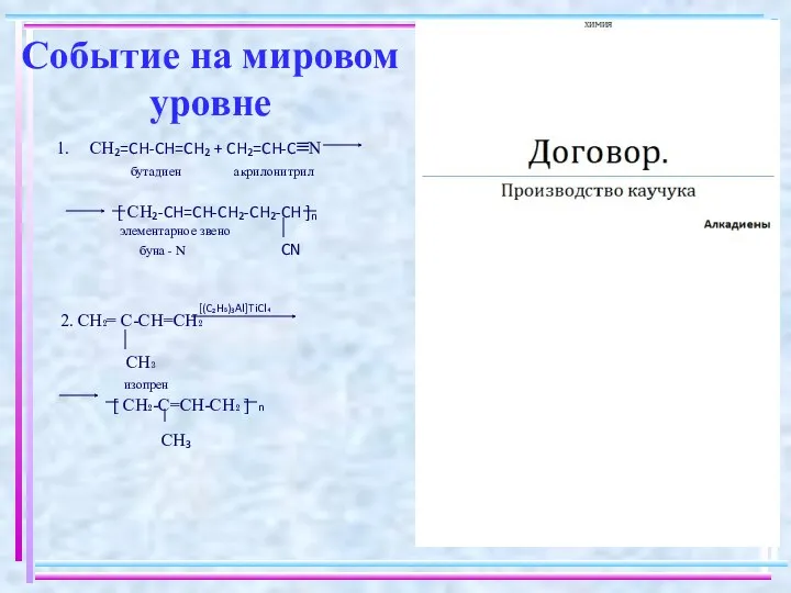 Событие на мировом уровне CH₂=CH-CH=CH₂ + CH₂=CH-C≡N бутадиен акрилонитрил [