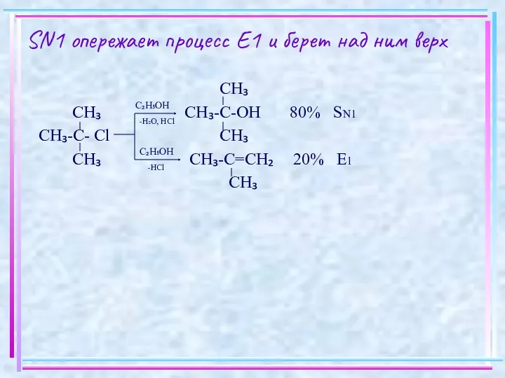 SN1 опережает процесс Е1 и берет над ним верх CH₃ CH₃ CH₃-C-OH 80%