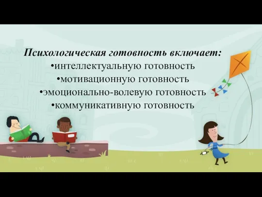 Психологическая готовность включает: •интеллектуальную готовность •мотивационную готовность •эмоционально-волевую готовность •коммуникативную готовность