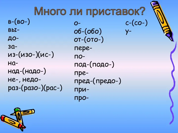 Много ли приставок? в-(во-) вы- до- за- из-(изо-)(ис-) на- над-(надо-) не-, недо- раз-(разо-)(рас-)