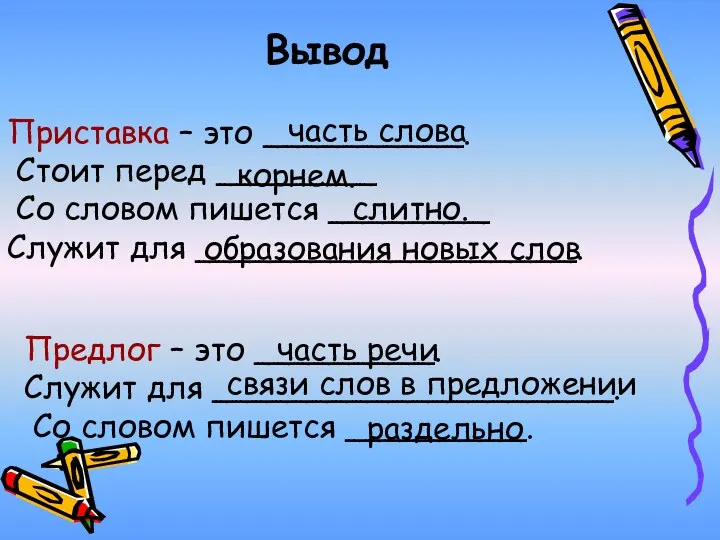 Вывод Приставка – это __________. Стоит перед ________ Со словом пишется ________ Служит