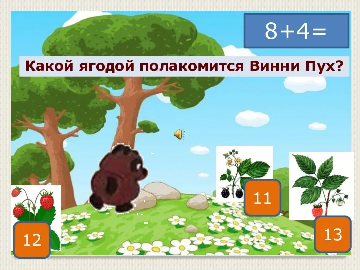 8+4= 12 11 13 Какой ягодой полакомится Винни Пух?