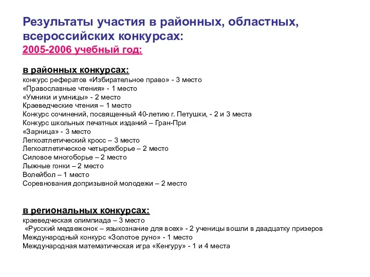 Результаты участия в районных, областных, всероссийских конкурсах: 2005-2006 учебный год: