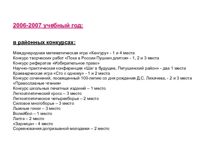 2006-2007 учебный год: в районных конкурсах: Международная математическая игра «Кенгуру»