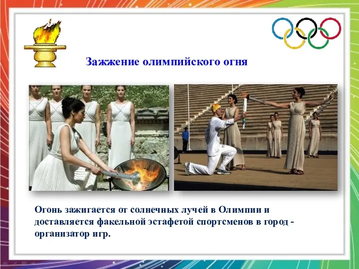 Зажжение олимпийского огня Огонь зажигается от солнечных лучей в Олимпии