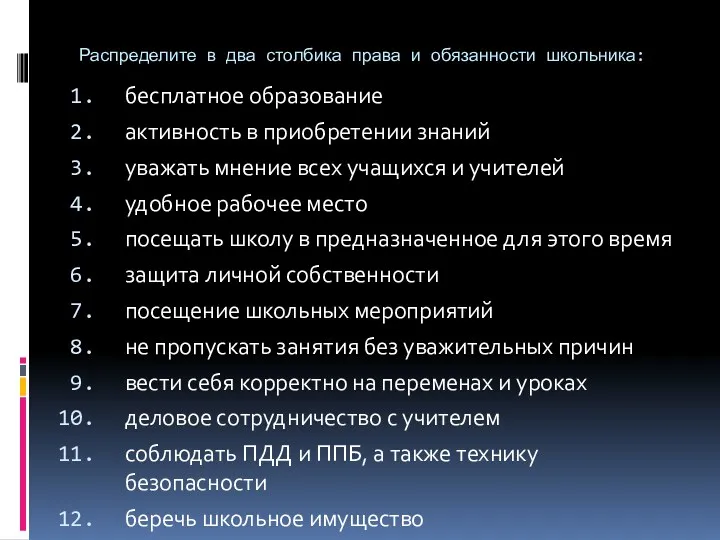 Распределите в два столбика права и обязанности школьника: бесплатное образование активность в приобретении