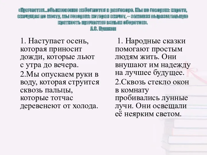 «Причастия…обыкновенно избегаются в разговоре. Мы не говорим: карета, скачущая по