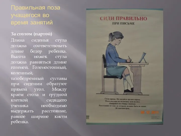 Правильная поза учащегося во время занятий За столом (партой) Длина