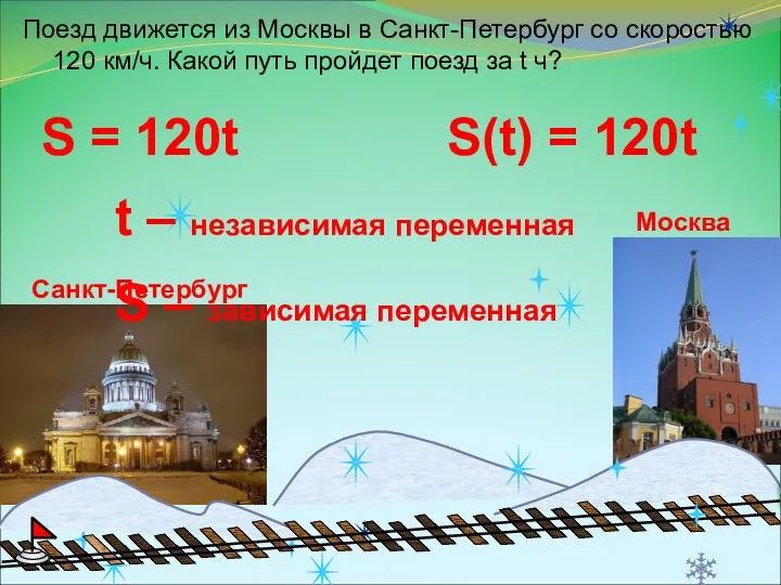 Поезд движется из Москвы в Санкт-Петербург со скоростью 120 км/ч.