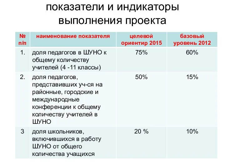 показатели и индикаторы выполнения проекта