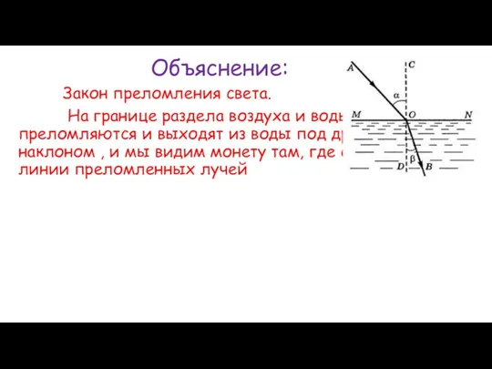 Объяснение: Закон преломления света. На границе раздела воздуха и воды лучи света преломляются