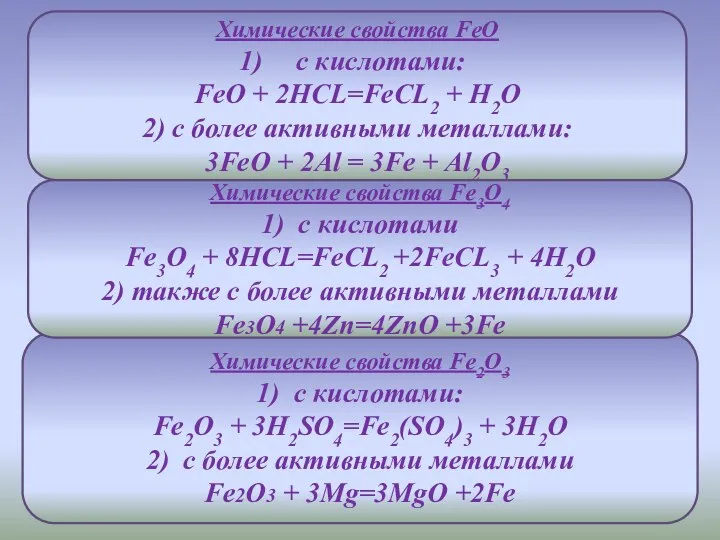 Химические свойства FeO с кислотами: FeO + 2HCL=FeCL2 + H2O 2) с более