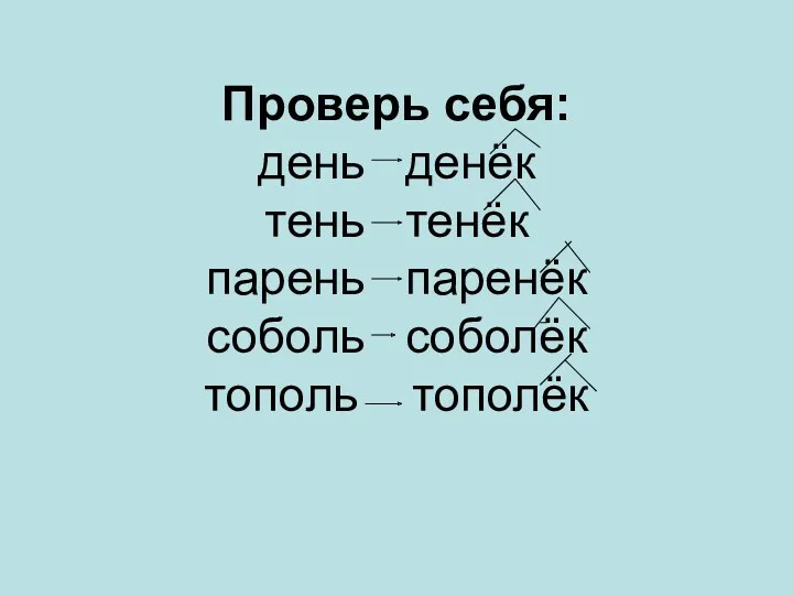 Проверь себя: день денёк тень тенёк парень паренёк соболь соболёк тополь тополёк