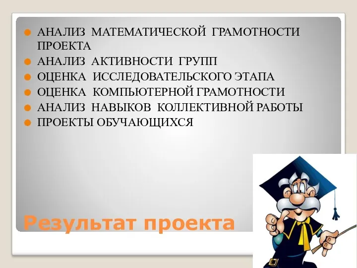 Результат проекта АНАЛИЗ МАТЕМАТИЧЕСКОЙ ГРАМОТНОСТИ ПРОЕКТА АНАЛИЗ АКТИВНОСТИ ГРУПП ОЦЕНКА