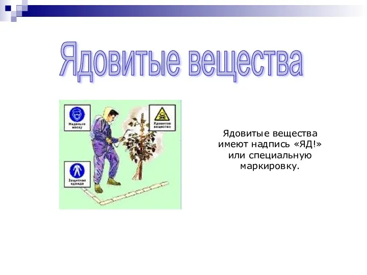 Ядовитые вещества имеют надпись «ЯД!» или специальную маркировку. Ядовитые вещества