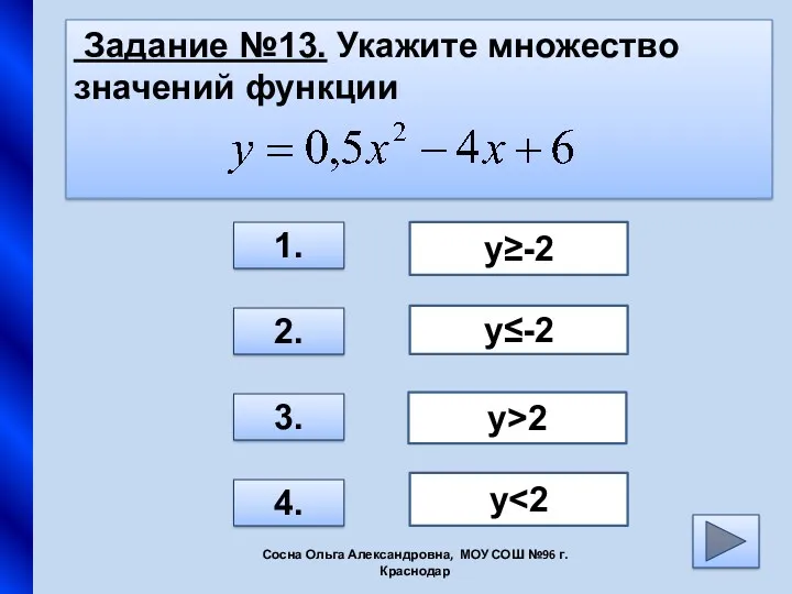 Задание №13. Укажите множество значений функции 1. 2. 3. 4. у≥-2 у≤-2 у>2