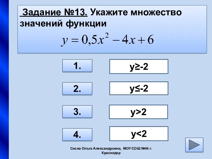 Задание №13. Укажите множество значений функции 1. 2. 3. 4.